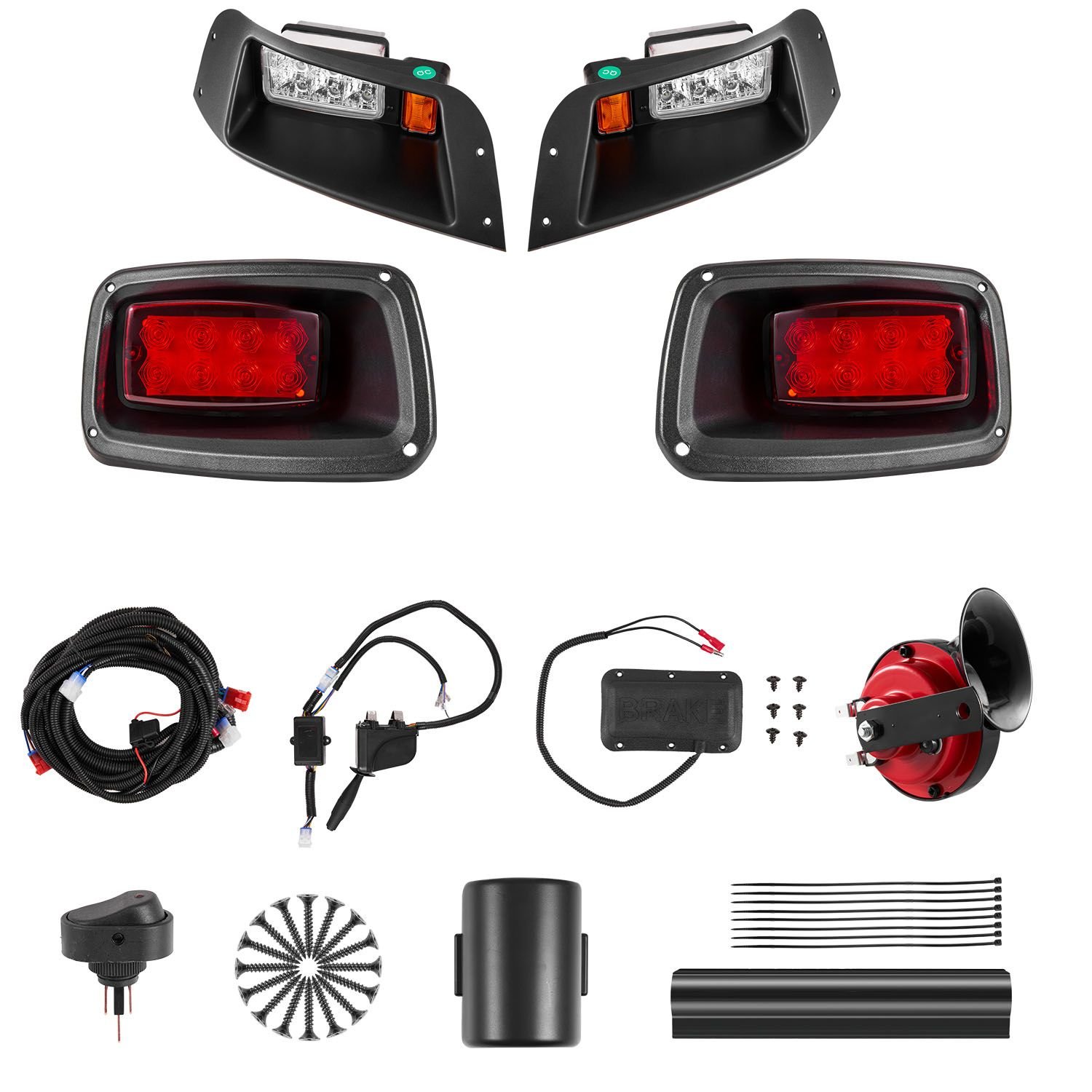 golf cart light kit, 12 volt, street legal led headlight and tail light kit with wiring harness, turn signals, hazard light, switch horn, brake pad, zip ties, abs housing, for ezgo txt 1996 2013