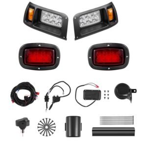 Golf Cart Light Kit, 12 Volt, Street Legal LED Headlight and Taillight Kit with Wiring Harness, Turn Signals, Hazard Light, Switch Horn, Brake Pad, Zip Ties, ABS Housing, for Club Car DS 1993-Up
