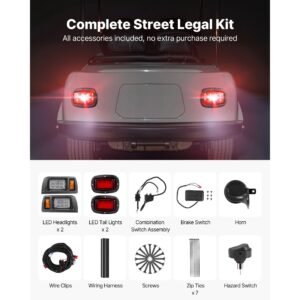 golf cart light kit, 12 volt, street legal led headlight and taillight kit with wiring harness, turn signals, hazard light, switch horn, brake pad, zip ties, abs housing, for club car ds 1993 up