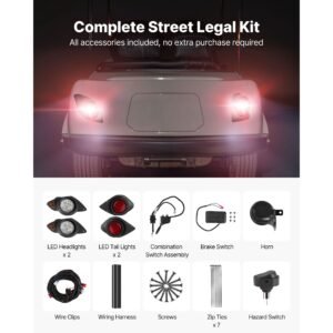 golf cart light kit, 12 volt, street legal led headlight and taillight kit with wiring harness, turn signals, hazard light, switch horn, brake pad, zip ties, abs housing, for yamaha g29 2007 up
