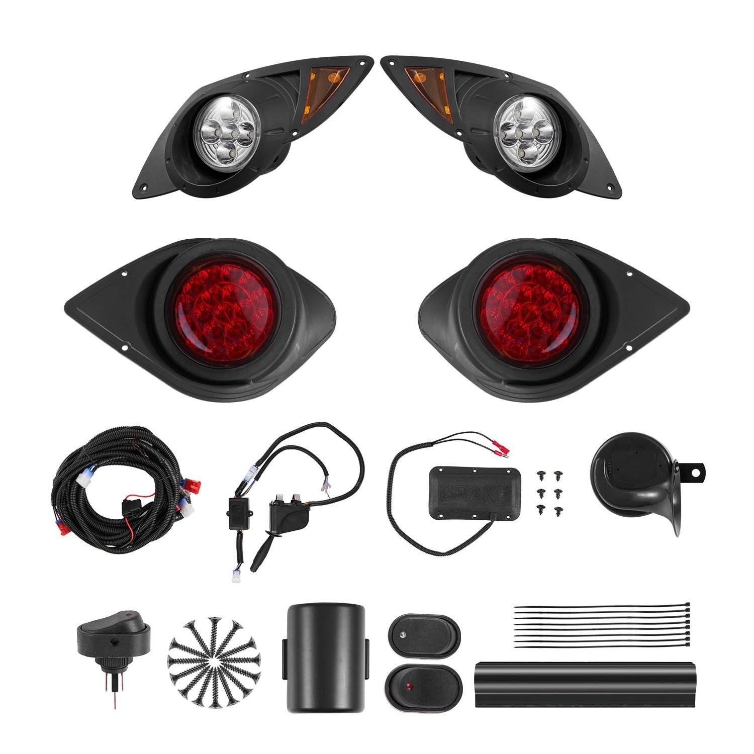 golf cart light kit, 12 volt, street legal led headlight and taillight kit with wiring harness, turn signals, hazard light, switch horn, brake pad, zip ties, abs housing, for yamaha g29 2007 up