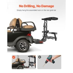 golf cart rear seat bag holder, 27.8 x 16.1 x 30.9 inch, compatible with most golf carts with rear seat grab bar, space saving carbon steel bag holder bracket, no drilling installation, black