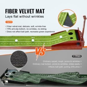 golf putting mat, 2 hole indoor golf putting green, wrinkle free golf training aid, mini golf set with auto ball return, alignment guide, 3 ball, wood base, game practice gift for home office