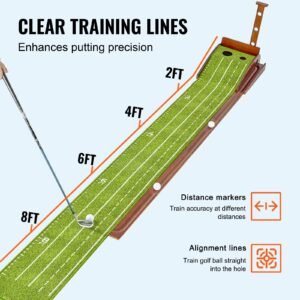 golf putting mat, 2 hole indoor golf putting green, wrinkle free golf training aid, mini golf set with auto ball return, alignment guide, 3 ball, wood base, game practice gift for home office