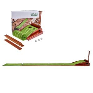 Golf Putting Mat, 2 Hole Indoor Golf Putting Green, Wrinkle-Free Golf Training Aid, Mini Golf Set with Auto-Ball Return, Alignment Guide, 3 Ball, Wood Base, Game Practice Gift for Home Office