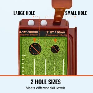golf putting mat, 2 hole indoor golf putting green, wrinkle free golf training aid, mini golf set with auto ball return, alignment guide, 3 ball, wood base, game practice gift for home office