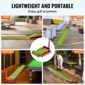 golf putting mat, 2 hole indoor golf putting green, wrinkle free golf training aid, mini golf set with auto ball return, alignment guide, 3 ball, wood base, game practice gift for home office