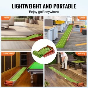 golf putting mat, 5 hole indoor golf putting green, wrinkle free golf training aid, mini golf set with auto ball return, alignment guide, 3 ball, wood base, game practice gift for home offic