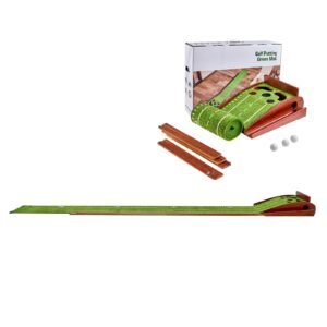 golf putting mat, 5 hole indoor golf putting green, wrinkle free golf training aid, mini golf set with auto ball return, alignment guide, 3 ball, wood base, game practice gift for home offic