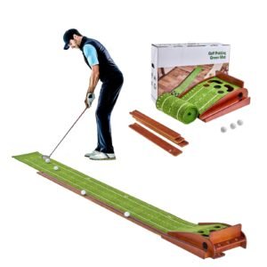 golf putting mat, 5 hole indoor golf putting green, wrinkle free golf training aid, mini golf set with auto ball return, alignment guide, 3 ball, wood base, game practice gift for home offic