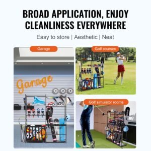 golf storage garage organizer, 2 golf bag storage stand holder and other sports equipment storage rack, outdoor steel ball cart, sports gear and toys storage shelves with baskets & hooks, black