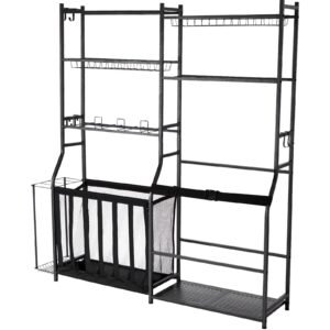 golf storage garage organizer, 2 golf bag storage stand holder and other sports equipment storage rack, outdoor steel ball cart, sports gear and toys storage shelves with baskets & hooks, black