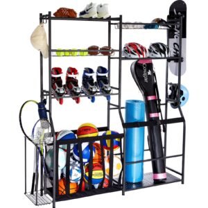 golf storage garage organizer, 2 golf bag storage stand holder and other sports equipment storage rack, outdoor steel ball cart, sports gear and toys storage shelves with baskets & hooks, black
