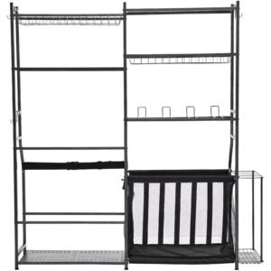 golf storage garage organizer, 2 golf bag storage stand holder and other sports equipment storage rack, outdoor steel ball cart, sports gear and toys storage shelves with baskets & hooks, black