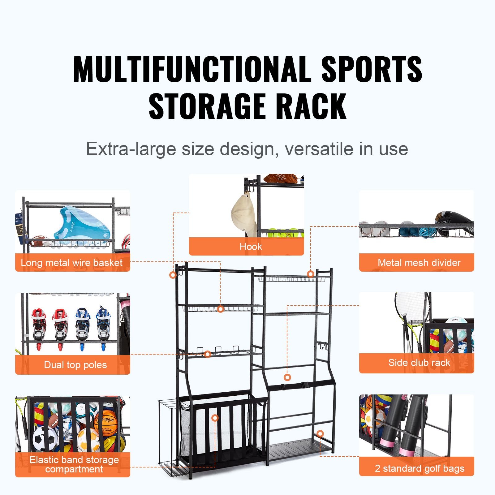 golf storage garage organizer, 2 golf bag storage stand holder and other sports equipment storage rack, outdoor steel ball cart, sports gear and toys storage shelves with baskets & hooks, black