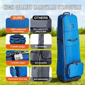 golf travel bag, outdoors soft sided golf travel cover, heavy duty 1200d polyester oxford wear resistant waterproof, padded luggage case with wheels, foldable golf club storage bag for airline