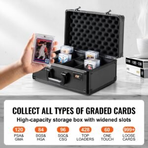 graded card storage box, 4 slots, graded sports cards holder carrying case with coded lock foam dividers, for 120 psa graded cards 84 bgs cards 96 sgc cards 428 top loaders or 999+ loose cards