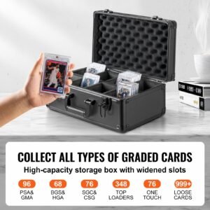 Graded Card Storage Box, 4 Slots, Graded Sports Cards Holder Carrying Case with Key Lock Foam Dividers, for 96 PSA Graded Cards 68 BGS Cards 76 SGC Cards 348 Top Loaders or 999+ Loose Cards
