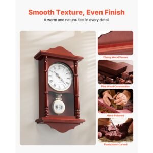 grandfather clock, 18 in classic vintage pendulum clock, pine wood & mdf wall clocks with quartz movement and quiet design, for living room, bedroom, home decor, and gift (cherry tone finish)