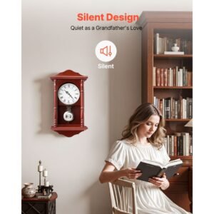 grandfather clock, 18 in classic vintage pendulum clock, pine wood & mdf wall clocks with quartz movement and quiet design, for living room, bedroom, home decor, and gift (cherry tone finish)