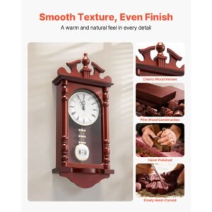 grandfather clock, 23.2 in classic vintage pendulum clock, pine wood & mdf wall clocks with quartz movement and quiet design, for living room, bedroom, home decor & gift (cherry tone finish)