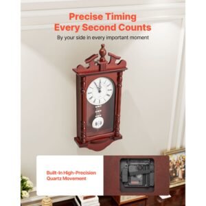 grandfather clock, 23.2 in classic vintage pendulum clock, pine wood & mdf wall clocks with quartz movement and quiet design, for living room, bedroom, home decor & gift (cherry tone finish)