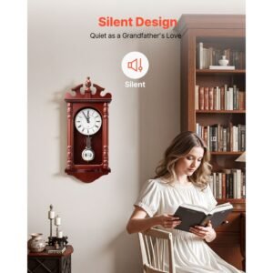 grandfather clock, 23.2 in classic vintage pendulum clock, pine wood & mdf wall clocks with quartz movement and quiet design, for living room, bedroom, home decor & gift (cherry tone finish)