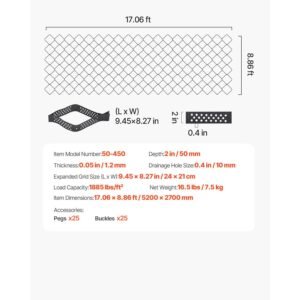 gravel grid, 2 inch depth, 17.06 x 8.86 ft / 5200 x 2700 mm, 1880 lbs per sq ft grass ground retainer, permeable geo grids driveway stabilization, for garden, patio, walkway, rv parking slopes