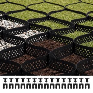 gravel grid, 3 inch depth, 24.93 x 9.52 ft / 7600 x 2900 mm, 1880 lbs per sq ft grass ground retainer, permeable geo grids driveway stabilization, for garden, patio, walkway, rv parking slopes
