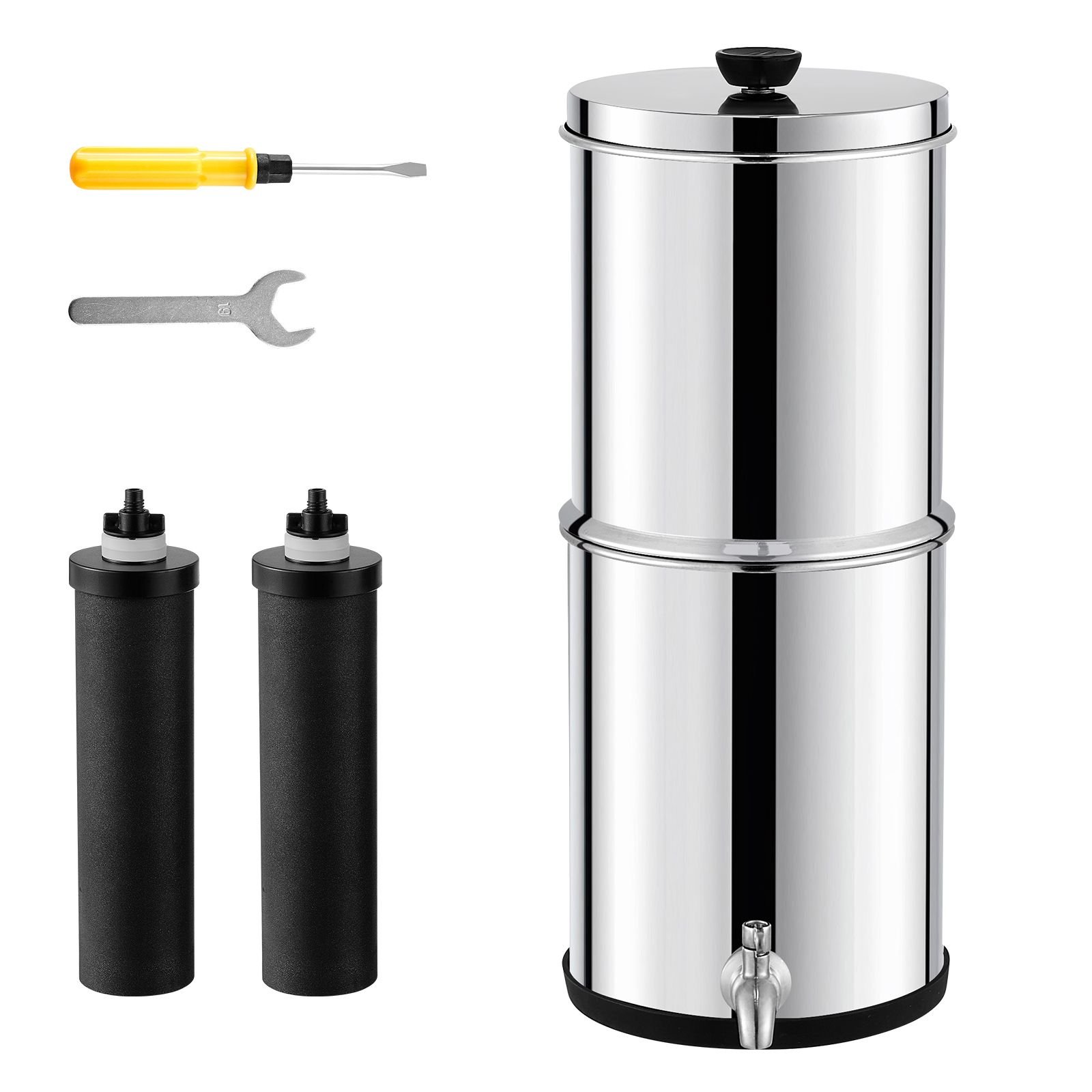 gravity fed water filter system, 1.5g 304 stainless steel countertop system, water filtration system, reduces lead and up to 99% of chlorine, with 2 carbon filters & spigot, for home camping rv