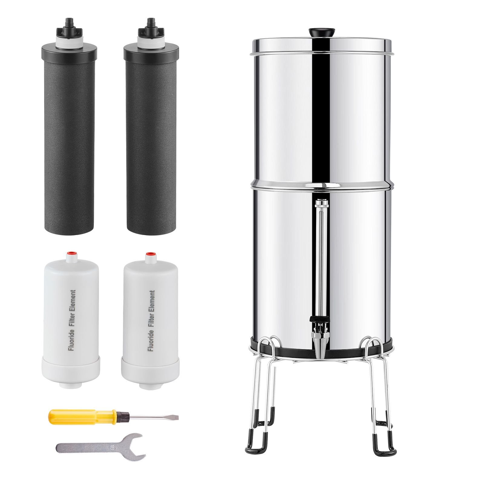 gravity fed water filter system, 2.25g 304 stainless steel countertop filtration system, reduces lead and up to 99% of chlorine, with 2 activated carbon filter, 2 defluorination filter, spigot