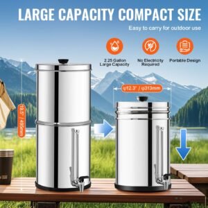 gravity fed water filter system, 2.25g 304 stainless steel countertop system, water filtration system, reduces lead and up to 99% of chlorine, with 2 carbon filters, and water level spigot