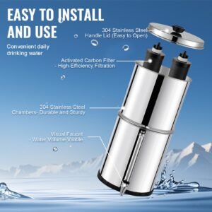 gravity fed water filter system, 2.25g 304 stainless steel countertop system, water filtration system, reduces lead and up to 99% of chlorine, with 2 carbon filters, and water level spigot