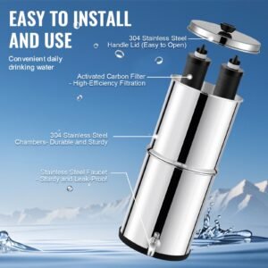 gravity fed water filter system, 2.25g 304 stainless steel countertop system, water filtration system, reduces lead and up to 99% of chlorine, with 2 carbon filters & spigot, for home camping rv