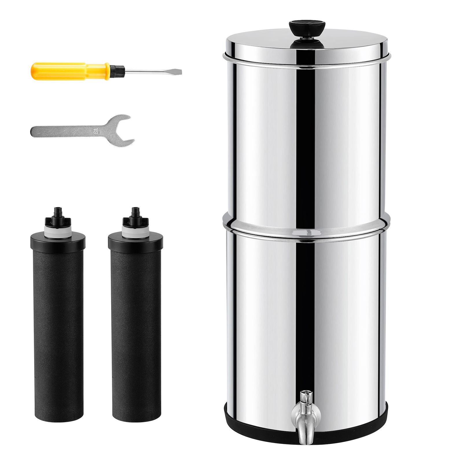 gravity fed water filter system, 2.25g 304 stainless steel countertop system, water filtration system, reduces lead and up to 99% of chlorine, with 2 carbon filters & spigot, for home camping rv
