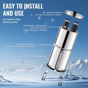 gravity fed water filter system, 2.25g 304 stainless steel countertop system, water filtration system, reduces lead and up to 99% of chlorine, with 2 carbon filters, water level spigot, stand