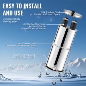 gravity fed water filter system, 2.25g 304 stainless steel countertop water filtration system, reduces lead and up to 99% of chlorine, with 2 carbon filters/spigot/stand, for home camping rv