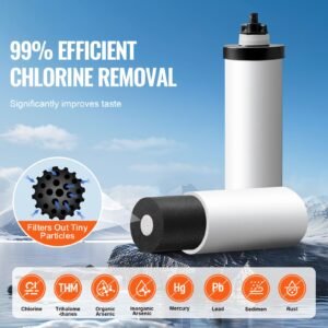 gravity fed water filter system, 2.25g 304 stainless steel countertop water filtration system, reduces lead and up to 99% of chlorine, with 2 ceramic carbon filters, spigot, and stand