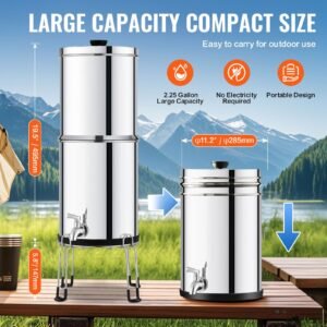 gravity fed water filter system, 2.25g 304 stainless steel countertop water filtration system, reduces lead and up to 99% of chlorine, with 2 ceramic carbon filters, spigot, and stand