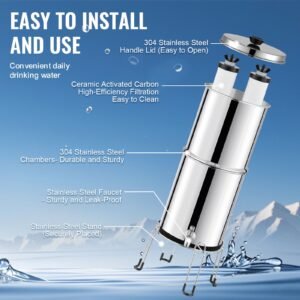 gravity fed water filter system, 2.25g 304 stainless steel countertop water filtration system, reduces lead and up to 99% of chlorine, with 2 ceramic carbon filters, spigot, and stand