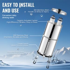 gravity fed water filter system, 2.25g 304 stainless steel countertop water filtration system, reduces lead and up to 99% of chlorine, with 2 ceramic carbon filters, water level spigot, stand
