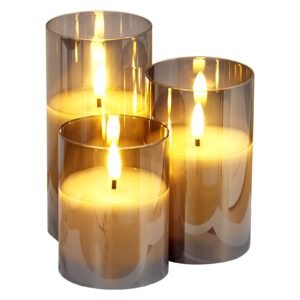 Gray Flickering Flameless Candles, Set of 3 Battery Operated Flameless Led Candles with 10-Key Remote and Timer, Real Wax & Warm Color Flickering Light for Festival Wedding Home Party Decor