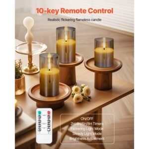gray flickering flameless candles, set of 3 battery operated flameless led candles with 10 key remote and timer, real wax & warm color flickering light for festival wedding home party decor