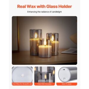 gray flickering flameless candles, set of 3 battery operated flameless led candles with 10 key remote and timer, real wax & warm color flickering light for festival wedding home party decor
