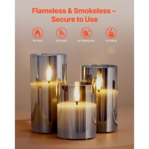 gray flickering flameless candles, set of 3 battery operated flameless led candles with 10 key remote and timer, real wax & warm color flickering light for festival wedding home party decor