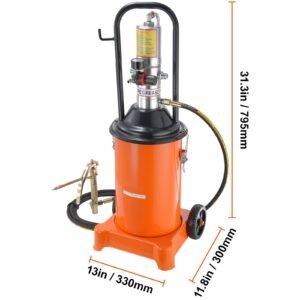 grease pump, 3 gallon 12l, air operated grease pump with 13 ft high pressure hose and grease gun, pneumatic grease bucket pump with wheels, portable lubrication grease pump 50:1 pressure ratio