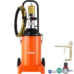 grease pump, 3 gallon 12l, air operated grease pump with 13 ft high pressure hose and grease gun, pneumatic grease bucket pump with wheels, portable lubrication grease pump 50:1 pressure ratio