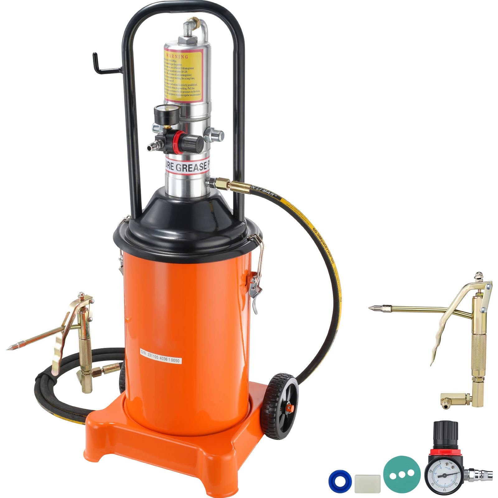 grease pump, 3 gallon 12l, air operated grease pump with 13 ft high pressure hose and grease gun, pneumatic grease bucket pump with wheels, portable lubrication grease pump 50:1 pressure ratio