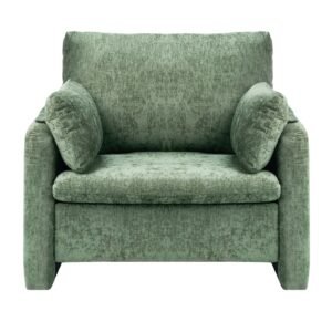 green accent chair, modern upholstered accent chair with armrests, cloth arm chairs with thick cushion and arched backrest, single fabric armchair for living room, bedroom, study, office