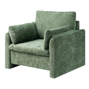 green accent chair, modern upholstered accent chair with armrests, cloth arm chairs with thick cushion and arched backrest, single fabric armchair for living room, bedroom, study, office